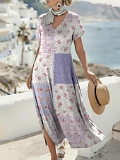  Mujer Vestido maxi Vestido informal Vestido de una línea Vestido Estampado Moda Exterior Vacaciones Fin de semana Ajuste regular Floral Graphic Manga Corta Escote en Pico Morado Verano Primavera