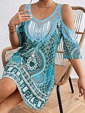billige Boho-kjoler-Dame Mini kjole Boho-kjole Vintage kjole Uformell kjole Elegant Mote Moderne Feriereise Ut på byen Helg Normal Geometrisk Stamme Halvlange ermer V-hals Blå Lilla Brun Grønn Sommer Vår