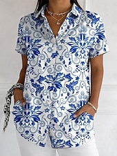 cheap Floral Blouses-Women's Shirt Buttons Print Floral Graphic Vintage Stylish Modern Short Sleeve Shirt Collar Long Tops Daily Blue Red Purple Green Summer Spring