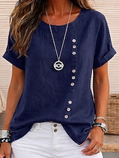 voordelige Overhemden-Dames 100% Katoen T-shirt Knop Effen Modieus Stijlvol Klassiek Korte mouw Strakke ronde hals Normale tops Dagelijks Uitgaan Weekend blauw Wit Geel Leger Groen Marineblauw Zomer Lente