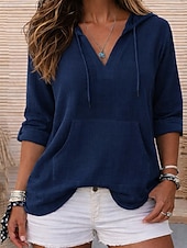 tanie Gładkie bluzy z kapturem-Damskie Koszule bawełniane lniane Jednokolorowe Codzienny Elegancki Podstawowy Długi rękaw Kaptur Zwykłe topy Codzienny Niebieski Granatowy Beżowy Lato Wiosna Jesień