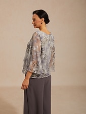  Femmes Hauts en mousseline de soie À lacets Fleuri Élégant Manche 3/4 Manche cloche Col ras du cou Quotidien robe demoiselle d honneur Gris Clair Été Printemps Automne