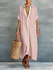 preiswerte Weißes Kleid-Damen Maxikleid Hemdblusenkleid Elegant Lässig Party Lässiger Schnitt Einfach Kurzarm Hemdkragen Blau Schwarz Rosa Grün Sommer Frühling