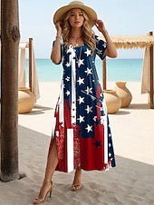 olcso Függetlenség napi ruha-Amerikai függetlenség napja Női Szabályos Midi ruha Nyári ruha Pólóruha Elegáns Szüret Tengerpart Normál Grafika Zászló Rövid ujjú Terített nyak Medence Fehér Rubin Nyár Tavasz
