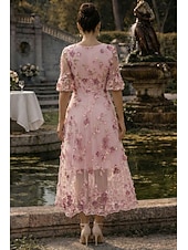 economico Lunghezza alla caviglia-Linea ad A Abito Lunghezza alla caviglia Lunghezza Tè Vestito maxi Vestito da Festa Abito da Cocktail Abito da cerimonia per signora Manica Corta Scollo a V Elegante Vintage Lussuoso Formale Ospite