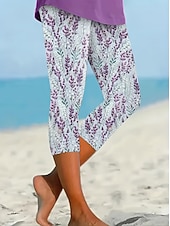 cheap Graphic Leggings-Women's Chinos Leggings Vacation Streetwear Casual Capris High Waist Floral Graphic Printing Comfort Soft Comfortable Stretchy Daily Outdoor Vacation Purple Summer Spring Fall Regular Fit