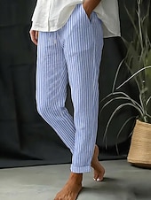 baratos Calças de Luxo-Mulheres Calças de linho de algodão Calça verão Calças de praia Clássico Casual Longas Cintura Alta Listra Bolsos Estampado Design de cordão elástico Respirabilidade Macio Micro-Elástica Férias Rua