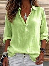 cheap Shirts-Women's Linen-feel Shirts Blouse Faux Linen Shirt Buttons Solid Color Stylish Casual 3/4 Length Sleeve V Neck Regular Tops Daily White Light Green Pink Purple Summer Spring Fall