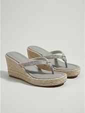 tanie Sandały na koturnie-Eleganckie, jasnoszare sandały damskie na koturnie – błyszczące paski z kryształkami i plecioną platformą espadryli, idealne na imprezy plenerowe i przyjęcia w tropikalnym ogrodzie &amp;wakacje letnie