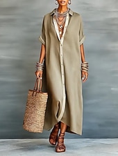 preiswerte Weißes Kleid-Damen Maxikleid Hemdblusenkleid Elegant Lässig Party Lässiger Schnitt Einfach Kurzarm Hemdkragen Blau Schwarz Rosa Grün Sommer Frühling