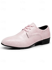 levne Derby boty-Pánské růžové společenské boty s reliéfním vzorem krokodýla, svršek z umělé kůže na šněrování, moderní módní styl, ideální pro trendy muže na svatby a akce