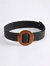 abordables Accesorios de vacaciones-Cinturón tejido bohemio para mujer con hebilla de madera vintage, cinturón de malla de paja para vestir, ideal para vacaciones de verano en la playa y uso diario informal, disponible en varios colores.