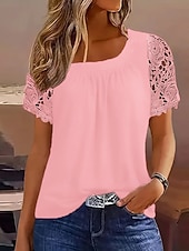 economico Top in Pizzo-Per donna Camicia Blusa Top in pizzo Pizzo Semplice Elegante Classico Moderno Manica Corta Girocollo Top Regolari Quotidiano Ferie Uscire Blu Nero Bianco Rosa Rosso Estate Primavera