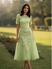 abordables Vestidos de cóctel-A-Line Tea Length Cocktail Dresses Elegant Vintage Floral Short Sleeve Crew Neck Wedding Formal Pink Dress Lace Tulle with Beaded Eembroidered Appliques
