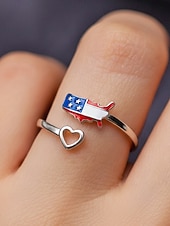  Damesring van legering met patriottisch open ontwerp, verstelbare vingerring met hartvormige afbeelding van de Amerikaanse kaart, perfect voor de viering van 250 jaar Amerika, Onafhankelijkheidsdag en dagelijks gebruik.