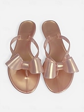 tanie Sandały typu slide-Damskie klapki plażowe w kolorze słodkiego różu - romantyczne, duże sandały z kokardą i wygodną, płaską podeszwą na letnie wakacje i wypady na tropikalne wyspy &amp;swobodny strój wypoczynkowy