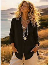 abordables Camisas-Mujer Camisas con tacto de lino Sayo Abotonar Tops largos de algodón Plano Diario Básico Casual Manga Larga Cuello Mao Tops largos Casual Diario Trabajo Azul Piscina Negro Blanco Rojo Otoño invierno
