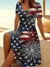  Amerikanischer Unabhängigkeitstag Damen Minikleid Sommerkleid T-Shirt-Kleid A Linie Kleid Urlaub Lässig Boho Strand Normale Passform Grafik Flagge Sternenbanner Kurzarm V Ausschnitt Blau Schwarz