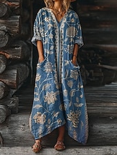 billige Etnisk Boho Kjole-Dame Maxikjole Boho-kjole Uformell kjole Print kjole Årgang utendørs Feriereise Helg Løstsittende Blomstret Grafisk Langermet V-hals Blå Vin Lilla Grønn Sommer Vår Høst