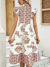 abordables Robes Boho-Femmes Robe Midi Robe bohème Robe Vintage Robe Décontractée Robe Fleurie Élégant Mode Moderne Extérieur Vacances Sortir Coupe régulière Fleuri Manche Courte Col en V Bleu Jaune Rouge Été Printemps