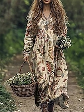 voordelige Etnische Boho Jurk-dames boho jurk bloemen v hals maxi jurk vintage jurk print jurk mode modern zomer lente