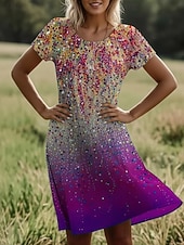 halpa Boho-mekot-Naisten Polvipituinen mekko Boho-mekko Rento mekko Tpaitamekko Vintage Päivittäin ulko- Loma Normaali Ombre Kuvitettu Lyhythihainen Tiukka pyöreä kaula-aukko Sininen Purppura Apila Kesä Kevät