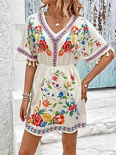 voordelige Boho Jurken-Dames Mini-jurk Boho-jurk Casual jurk Bloemetjesjurk Elegant Modieus Modern Buiten Vakantie Uitgaan Normale pasvorm Bloemig Korte mouw V-hals blauw Zwart Wit Zomer Lente