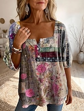 お買い得  花柄のブラウス-女性用 ブラウス プリント フラワー グラフィック 日常 スタイリッシュ ベーシック ハーフスリーブ スクエアネック レギュラートップス 日常 イエロー ピンク パープル オレンジ 夏 春