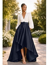 economico Abiti da Sera a Linea A-Linea ad A Asimmetrico Abiti da Cocktail Abito da Sera Da principessa Abito formale Elegante Monocolore Alto Basso Manica 3/4 Scollo a V Formale Ospite di nozze Raso con Arricciato