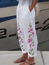 abordables Pantalons Graphiques-Femmes Slacks Pantalon décontracté Droit Vacances Basique Occasionnel Longueur complète Longueur cheville Naturel Fleuri Graphique Avec Poches Impression Conception à cordon élastique Confortable