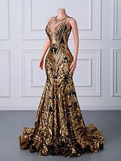 abordables Vestidos de Noche Sirena-Corte Trompeta Sirena Cola barrida Trajes de gala Vestidos de noche Corte Cenicienta Vestimenta formal Elegante Sin Mangas Escote de ilusión Carnaval Formal afroamericano Lentejuelas con Lentejuela