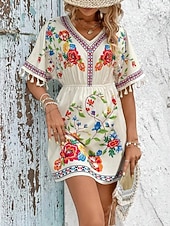 voordelige Boho Jurken-Dames Mini-jurk Boho-jurk Casual jurk Bloemetjesjurk Elegant Modieus Modern Buiten Vakantie Uitgaan Normale pasvorm Bloemig Korte mouw V-hals blauw Zwart Wit Zomer Lente