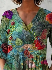 preiswerte Blumenblusen-Damen Bluse Druck Blumen Urlaub Täglich Lässig Dreiviertelarm V Ausschnitt Normale Oberteile Täglich Ferien Ausgehen Grün Sommer Frühling Herbst
