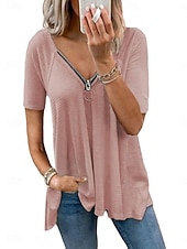 preiswerte Schicke Blusen-Damen Hemd Bluse Reißverschluss Einfach Stilvoll Klassisch Modern Kurzarm V Ausschnitt Normale Oberteile Täglich Ferien Ausgehen Schwarz Weiß Rosa Dunkelgray Grau Sommer Frühling
