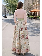 baratos Vestidos de Festa em A-Linha A Longo Vestidos de noite Elegante Vintage Floral Manga 3/4 Decote V Festa de Jardim Casamento Cetim com Estampa floral Pregas Bolsos