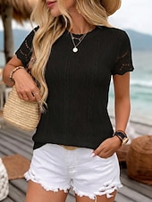 voordelige Effen t-shirt-Dames T-shirt Modieus Stijlvol Klassiek Korte mouw Strakke ronde hals Normale tops Dagelijks Weekend blauw Zwart Wit Abrikoos Zomer Lente