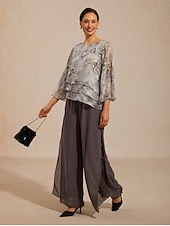 Femmes Hauts en mousseline de soie À lacets Fleuri Élégant Manche 3/4 Manche cloche Col ras du cou Quotidien robe demoiselle d honneur Gris Clair Été Printemps Automne