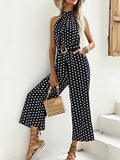 abordables mono de vacaciones-Mujer Normal Mono Activo A Lunares Sin Mangas Perneras anchas Cuello halter Bolsillo Estampado Diario Vacaciones Holgado Negro Vino Azul Marino Verano