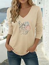cheap Independence Day Top-American Independence Day Women's T Shirt Long Cotton Top Tee Top Print Graphic Stylish Classic Casual Long Sleeve V Neck Regular Tops Daily Going out Weekend Blue Black White Red Green Spring Fall