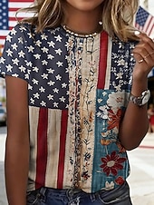  American Independence Day Women's T Shirt Print Floral Graphic Flag Vintage Stylish Classic Short Sleeve Crew Neck Regular Tops Daily Blue Summer Spring