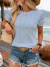 voordelige Effen t-shirt-Dames T-shirt Modieus Stijlvol Klassiek Korte mouw Strakke ronde hals Normale tops Dagelijks Weekend blauw Zwart Wit Abrikoos Zomer Lente