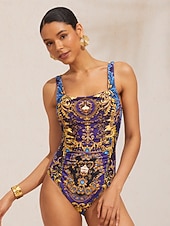 economico Costumi da bagno di stilisti-Costume da bagno intero elasticizzato blu notte barocco