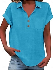 cheap Shirts-Women's Shirt Blouse Cotton Shirt Buttons Solid Color Vintage Classic Modern Short Sleeve Shirt Collar Regular Tops Daily Holiday Going out White Yellow Navy Blue Sky Blue Light Blue Summer Spring