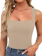 billiga Chiffon Tops-Dam Skjorta Blus Lappverk Ensfärgat Vintage Stylish Klassisk Ärmlös Fyrkantig hals Crop Tops Dagligen Helgdag Utekväll Blå Svart Vit Brun Kaki Sommar Vår