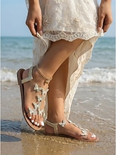 Χαμηλού Κόστους Νύφη-Γυναικεία λευκά νυφικά σανδάλια - κομψά νυφικά παπούτσια παραλίας με πεταλούδες από στρας