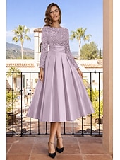 economico Abiti da cocktail-Linea ad A Lunghezza Tè Abiti da Cocktail Abiti da festa Elegante Brillanti Manica Lunga Girocollo Natale Ospite di nozze Raso Velluto con Pieghe Paillettes