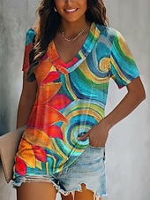  Damen T Shirt Druck Farbblock Sonnenblume Vintage Lässig Boho Kurzarm V Ausschnitt Normale Oberteile Täglich Blau Wein Königsblau Orange Grün Sommer Frühling
