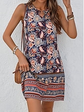 economico Abiti Boho-Per donna Mini Abito Vestito Estivo Vacanza Boho Spiaggia Uscire Vestibilità regolare Floreale Grafico Paisley Senza Maniche Girocollo Marrone Scuro Estate Primavera