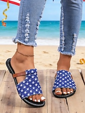  Damsandaler med stjärnmönster och USA-motiv för 250-årsjubileum - patriotiska blå platta sandaler med stjärnmönster för självständighetsdagen 2026 och strandsemester &patriotiska parader