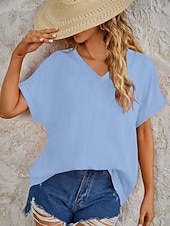 economico Bluse Semplici-Per donna Maglietta Finto cotone e lino Semplice Moda Elegante Classico Manica Corta Scollo a V Top Regolari Quotidiano Uscire Weekend Blu Nero Bianco Rosa Marrone Estate Primavera